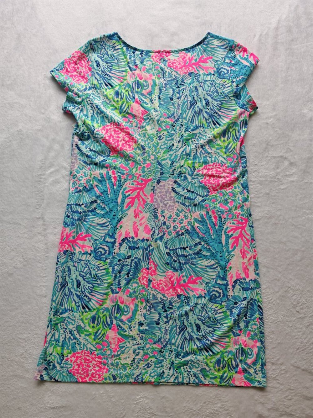 Lilly Pulitzer Pima Cotton Tunic Dress L Blue Pink Tropical Print Lace Neckline - Picture 9 of 11